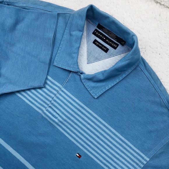 Y2K Tommy Hilfiger Polo Shirt Mens LARGE Blue Colorblock Stripe Flag Loop Collar - Picture 2 of 16